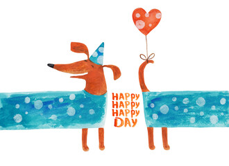 Dog dachshund very long in festive cap with balloon heart. Watercolor illustration. Hand drawing - 157292911