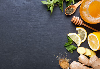 Ingredients for making ginger and lemon tea