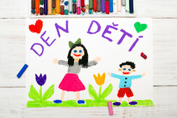 Obraz na płótnie Canvas Colorful drawing. Children's day card with Czech words: Children's Day