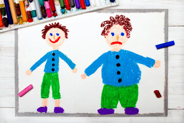 Colorful drawing: Smiling slim boy and obese sad boy. Weight loss.