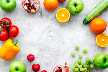 diet food with fresh fruits and vegetables salad stone background top view mockup