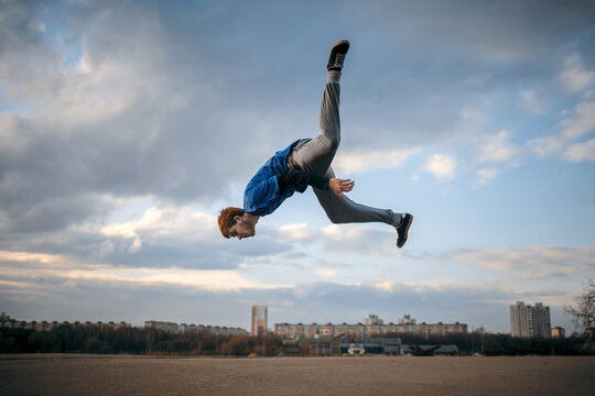 Teenager parkour jumping