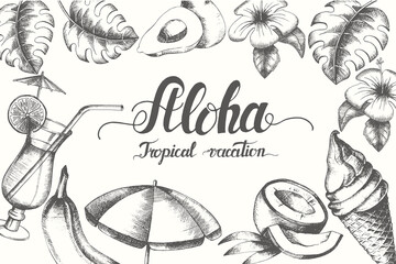 Summer poster with hand drawn doodle vector summer objects. Tropical flower, ice cream, cocktail, palm leaves and tropical fruit.  Hand written quote 
