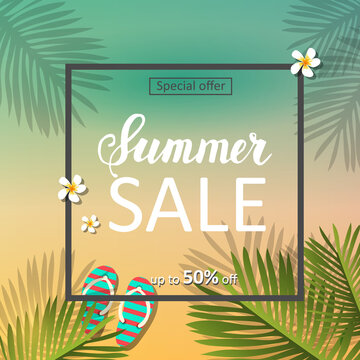Summer Sale. Special offer. Up to 50% off. Summer background with beach and palm leaves. Lettering 