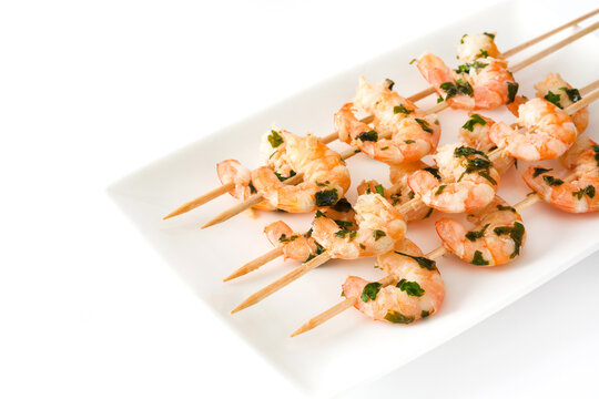 Shrimp skewers isolated on white background

