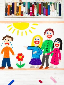 Colorful drawing: Group of children laughing at a crying boy. School violence