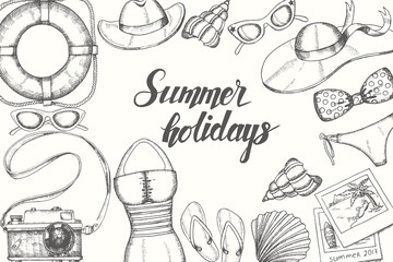 Summer background with hand drawn doodle vintage objects. Hand written quote 