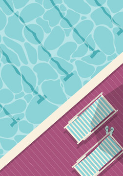 Top view of swimming pool with deckchairs and flip flops.