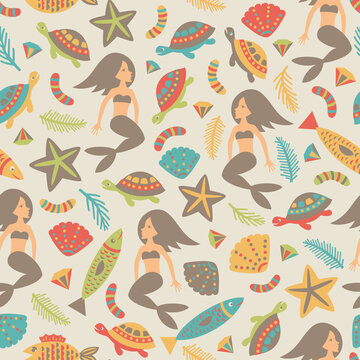 Seamless background with fish, shellfish, turtles and mermaids. Vector illustration.