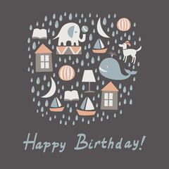 Happy birthday greeting card. Vector illustration.