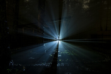 abstraction bright white rays of light in the night with fog