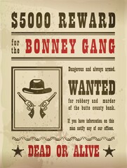 Guns and hat on wanted sign or wild west banner