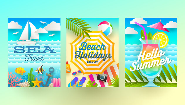 Set of summer holidays and tropical vacation  posters or greeting card. Vector flat design.