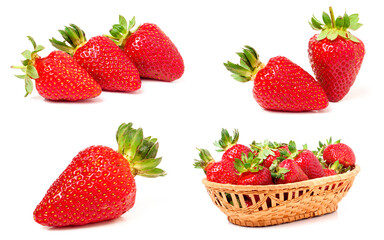 Strawberry with leaves and flowers isolated on white background. Collection or set