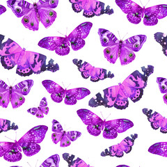 Watercolor pattern with the image of transparent butterflies in purple and lilac colors on a white background