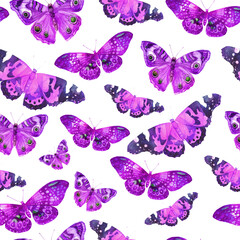 Watercolor pattern with the image of transparent butterflies in purple and lilac colors on a white background