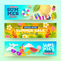 Naklejka premium Set of summer sale banners. Vacation, holidays and travel colorful bright background. Vector illustration.