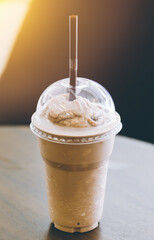 cocoa chocolate or coffee smoothie ice blend fleppe fresh drink in sunny hot summer day.
