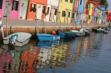 Fototapeta na wymiar reflection on the water of the colorful houses of the island of