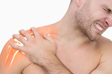 Digital composite of highlighted shoulder pain of man