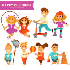 Happy children playing outdoor games vector icons set