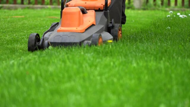 cutting fresh green grass with lawn mower