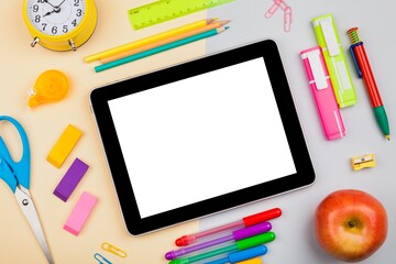 School and office supplies on tablet.
