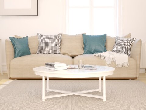 Mock up a Scandinavian living room with a classic sofa and a light background.