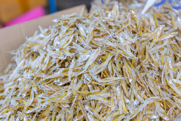 small fish dried for food sale at Mahachai market sea food market one of Thailand's Largest Seafood Markets.