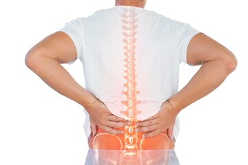 Digital composite of highlighted spine of man with back pain