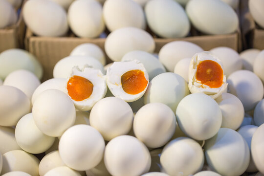 salty eggs. salt preservation white duck egg for food in asian, Thailand.