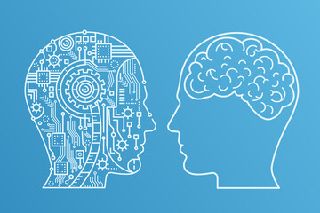 Obraz premium Outline stroke Machinery head of cyborg and the human one with the brain. Line style vector illustration.