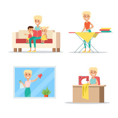Flat woman children sewing ironing vector. Household chores.