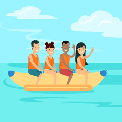 Flat boy girl banana vector. Water Sport and activity concept.