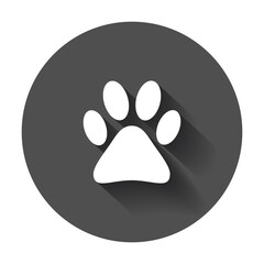 Paw print icon vector illustration. Dog, cat, bear paw symbol flat pictogram with long shadow.