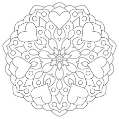 Flower mandala with hearts. Coloring page for Valentine's day.