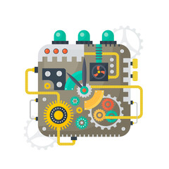 Vector illustration of clock face of watches vintage cogs, gears and scales inside. Technology concept.