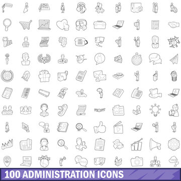 100 administration icons set, outline style