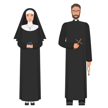 Catholic priest and nun. Flat cartoon vector illustration.