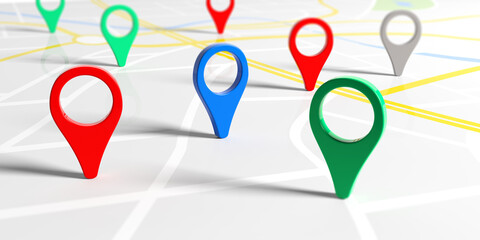 Colorful pointers on a map. 3d illustration