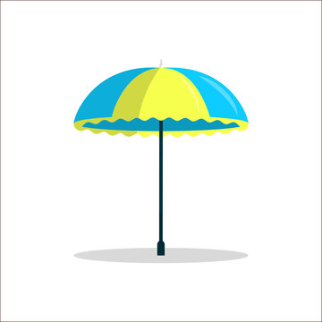 Beach vacation icon Vector illustration Striped blue and yellow beach umbrella on a white background Cartoon style Isolated object