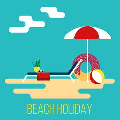 Summer beach holiday Vector illustration Poster template in flat design Beach holidays: beach umbrella, ball and inflatable ring near to the lounger are standing on the sand