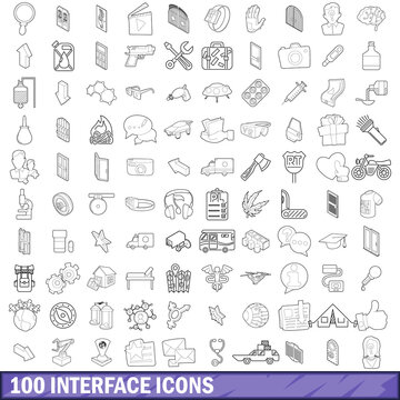 100 interface icons set, outline style