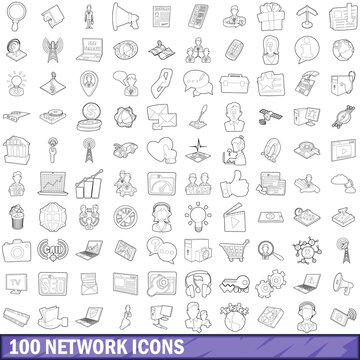 100 network icons set, outline style