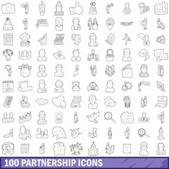 100 partnership icons set, outline style