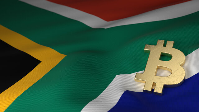 Bitcoin Currency Symbol On Flag Of South African