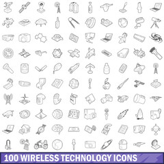 100 wireless technology icons set, outline style