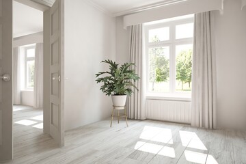 White empty room with green landscape in window. Scandinavian interior design. 3D illustration