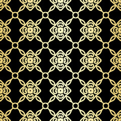 Ornamental wallpaper, vector luxury background. Vintage floral pattern on black with golden gradient.