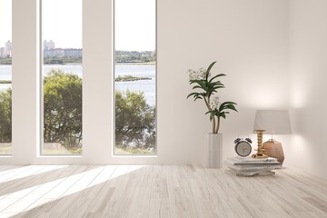 Naklejka premium White empty room with green landscape in window. Scandinavian interior design. 3D illustration